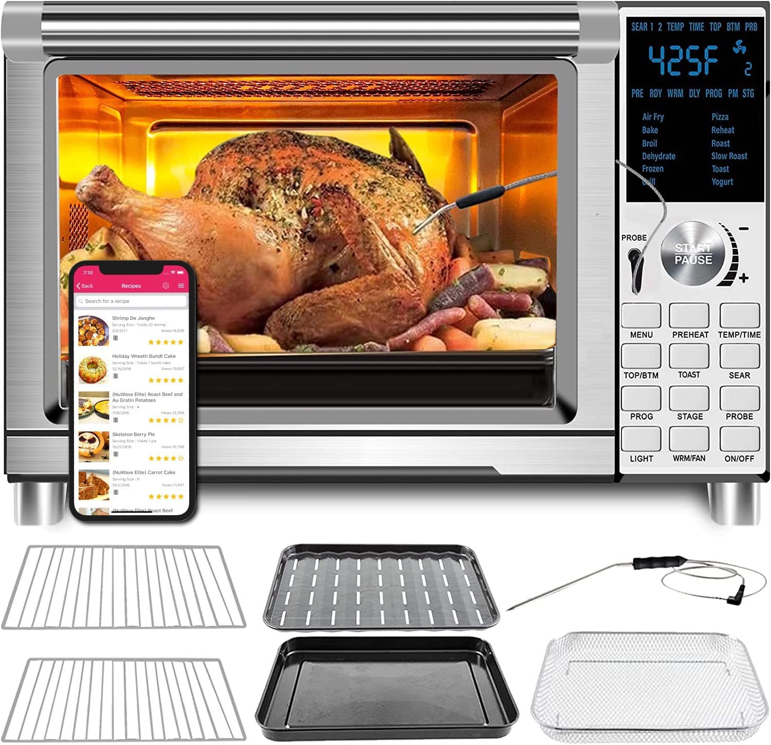 NUWAVE Bravo Air Fryer Toaster Smart Oven, 12-in-1 Countertop Convection, 30-QT XL Capacity, 50°-500°F Temperature Controls, Top and Bottom Heater Adjustments 0%-100%, Brushed Stainless Steel Look