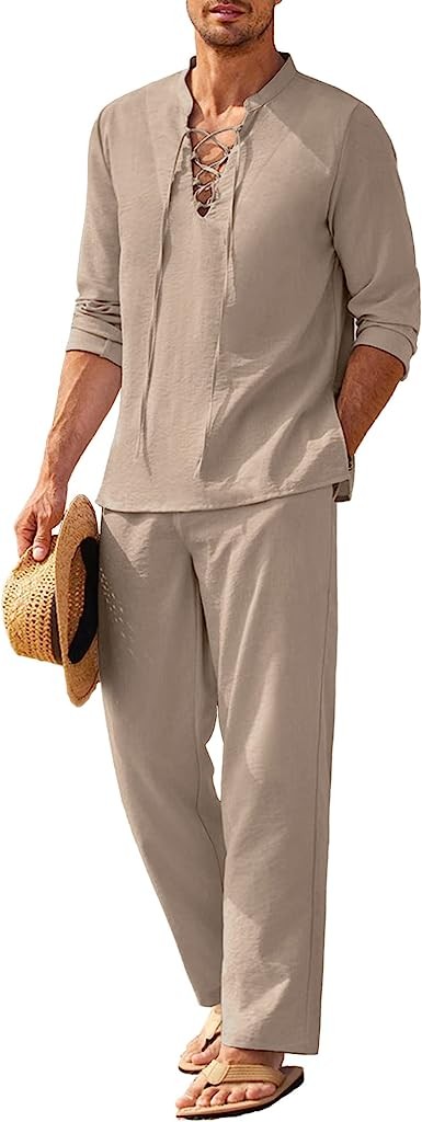 COOFANDY Men's 2-Piece Linen Set Long Sleeve Henley Casual Board Shorts with Pockets Summer Yoga Wear