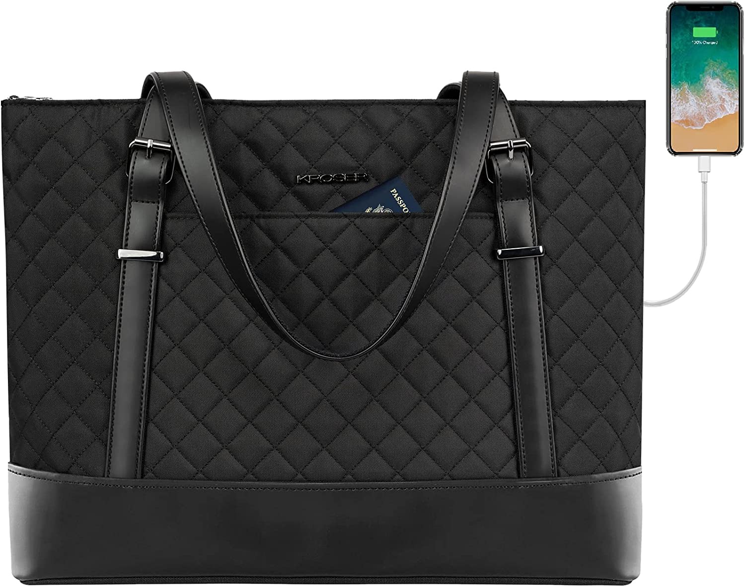 KROSER Laptop Tote 15.6 Inch with USB Port, Large Work Tote Ladies Computer Shoulder Bag, Laptop Carrying Case Fashion Tote for School Office Business Travel (Quilted)